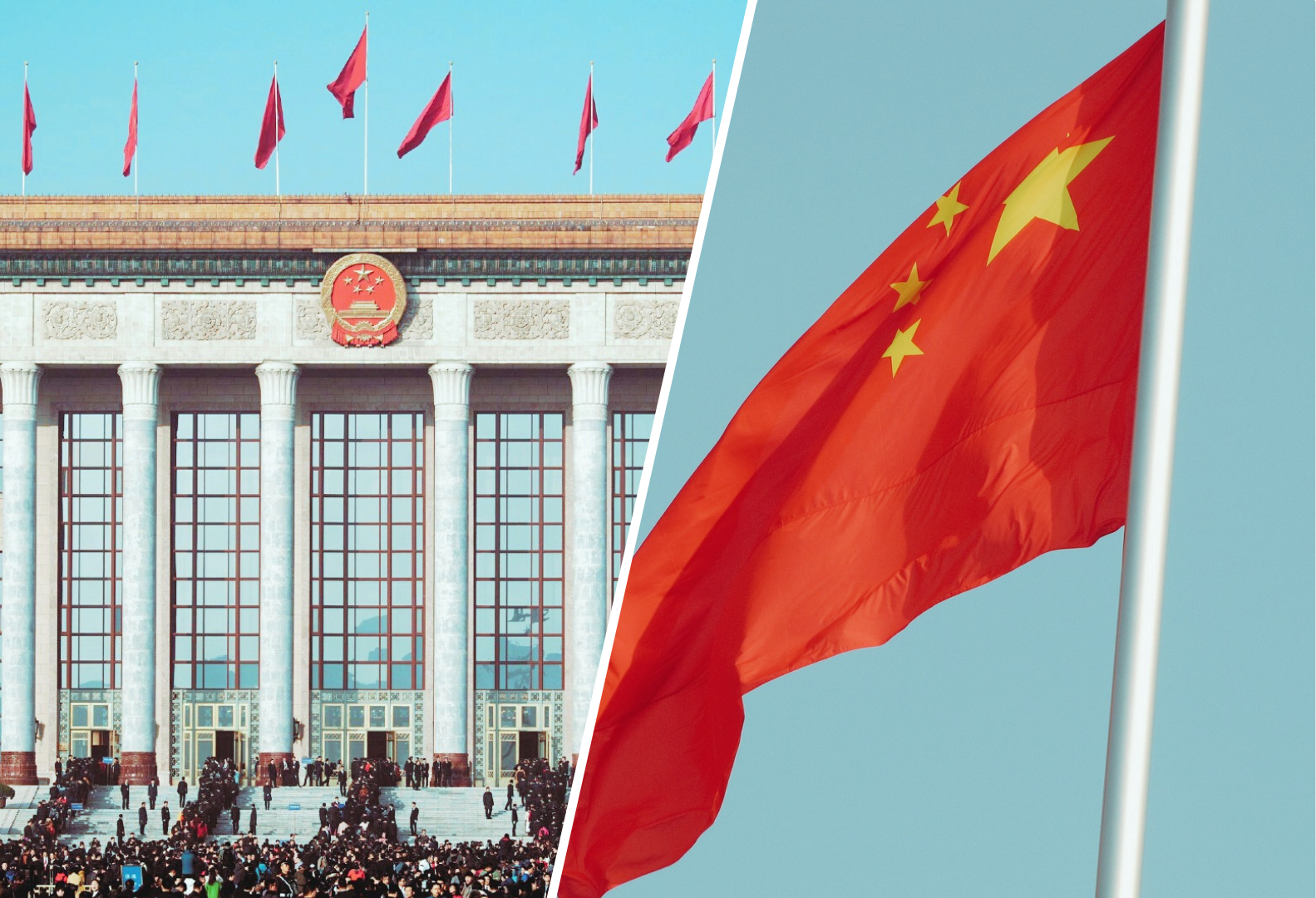 Po lewej stronie chiński budynek rządowy, a po prawej stronie flaga Chin/Chinese government building on the left and the flag of China on the right