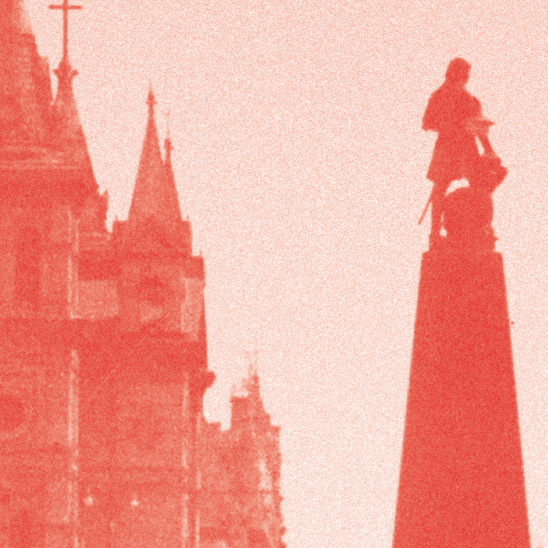 grafika czerwonego koloru z widokiem miasta 