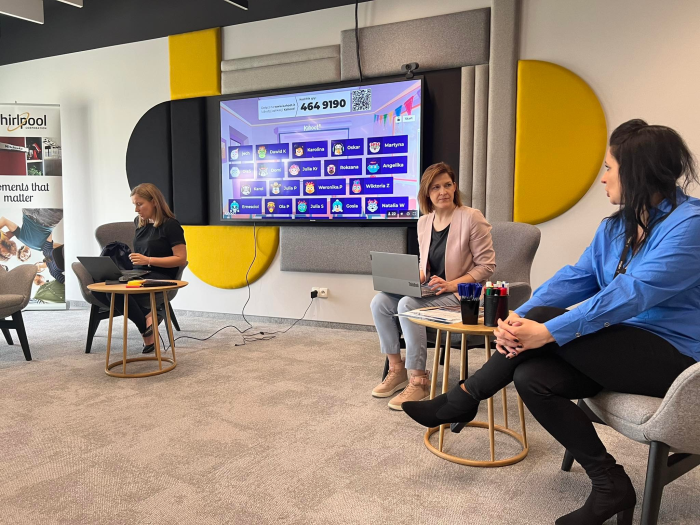 Trzy panie prowadzące szkolenie na tle monitora z quizem Kahoot dla studentów