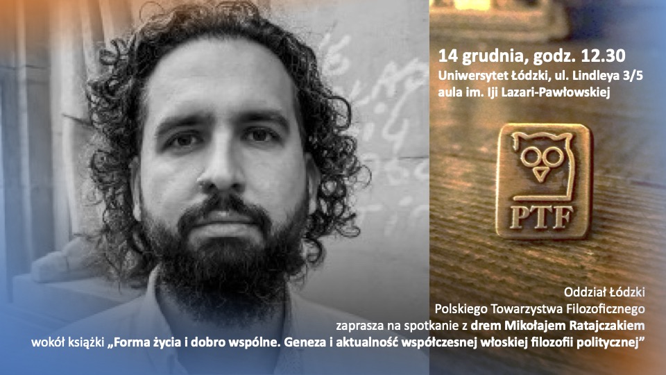 portret mężczyzny, emblemat Polskiego Towarzystwa Filozoficznego z zarysem sowy, napisy
