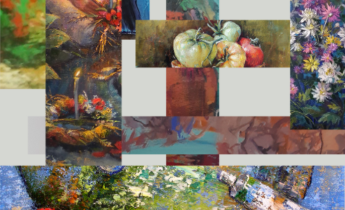 fragment plakatu przedstawiający fragmenty obrazów z wystawy.