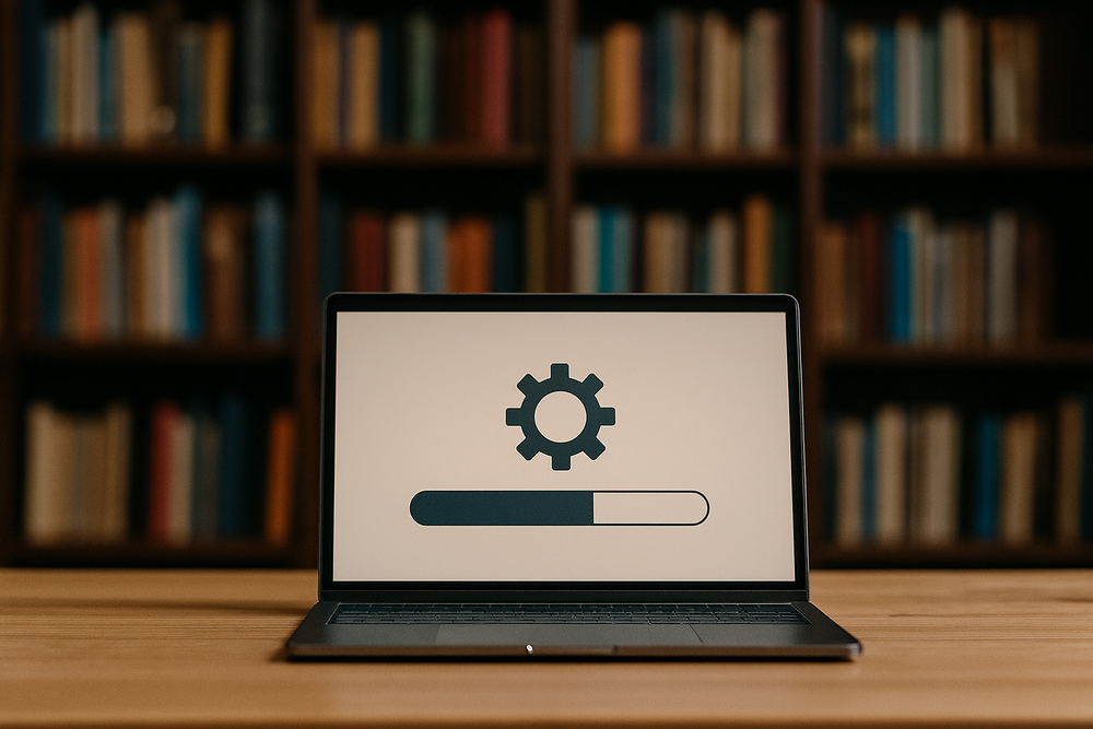 Komputer na tle książek - przerwa techniczna