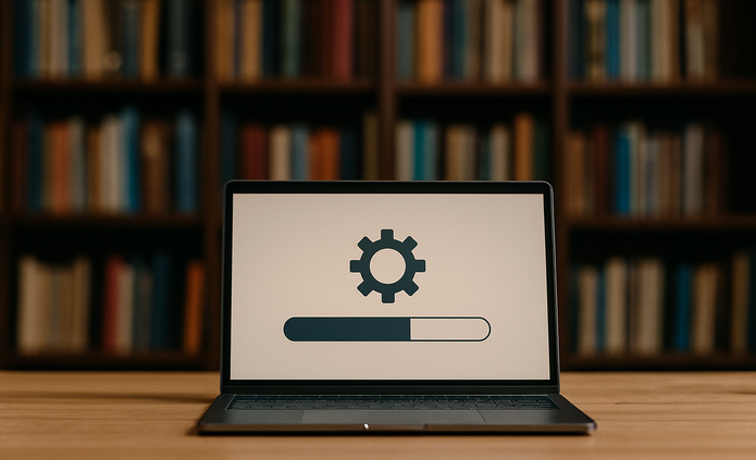 Komputer na tle książek - przerwa techniczna