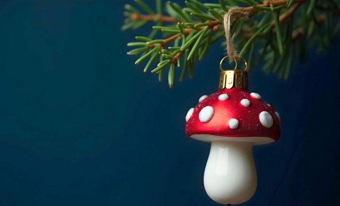 Szklana bombka w kształcie muchomora zawieszona na gałązce choinki, na tle granatowego tła.