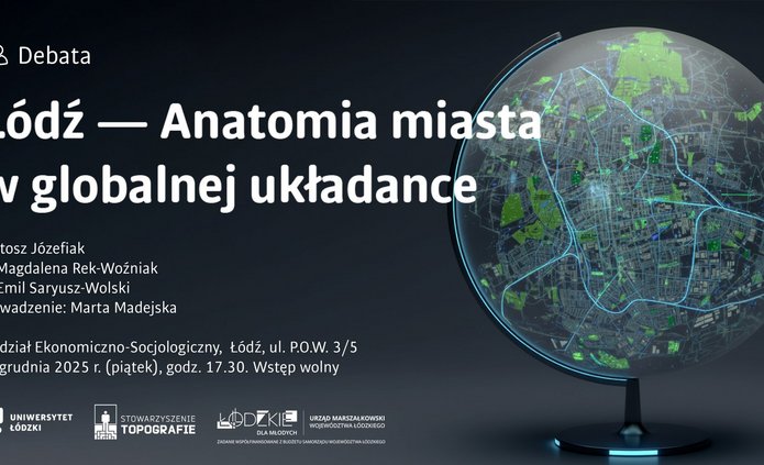 Baner informacyjny o wydarzeniu. Główny element to globus wypełniony w całości mapą Łodzi