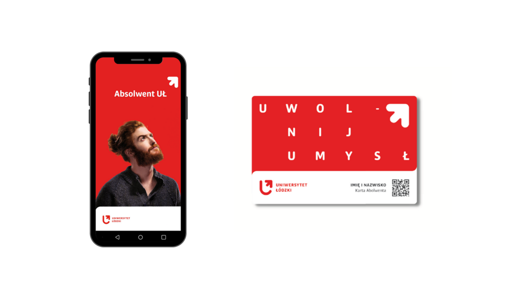 smartfon z włączoną aplikacją Absolwent UŁ po lewej stronie, plastikowa karta absolwenta w kolorze czerwono białym po prawej stronie