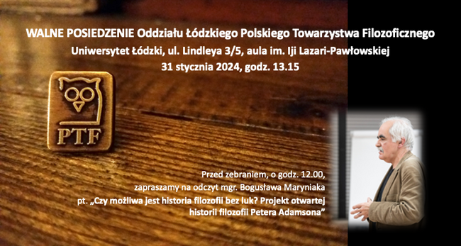 na tle o fakturze drewna emblemat sowy i litery PTF, zjęcie mężczyzny z profilu