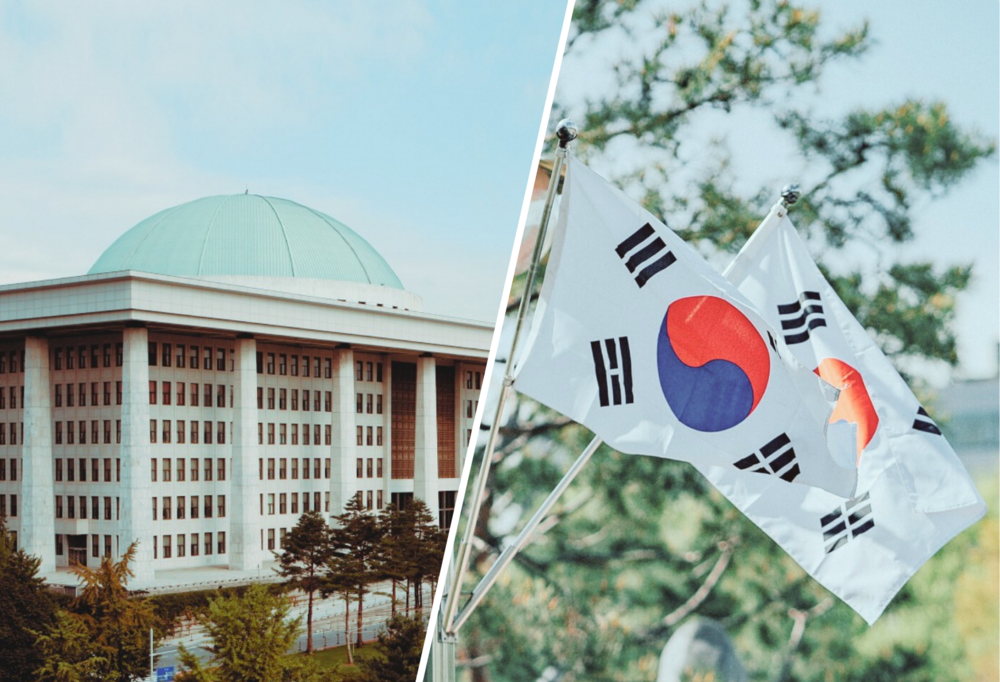 Budynek parlamentu i flagi Korei Południowej