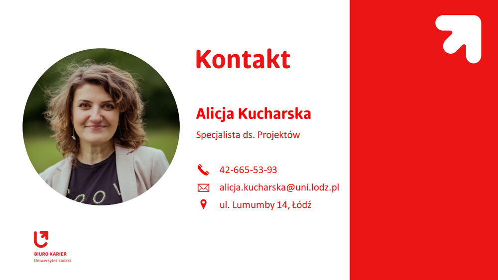 alicja Plansza przedstawiająca zdjęcie pracownika Biura Karier UŁ oraz zestaw informacji kontaktowych i adresowych