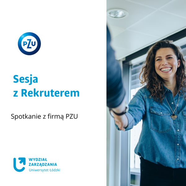 Zdjęcie przedstawia kobietę z wyciągniętą dłonią i napis Sesja z Rekruterem spotkanie z firmą PZU
