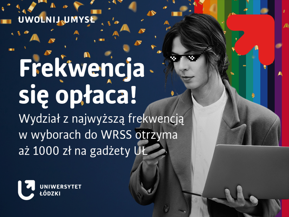 grafika dotycząca konkursu dla studentów na granatowym tle młody mężczyzna o ciemnych włosach