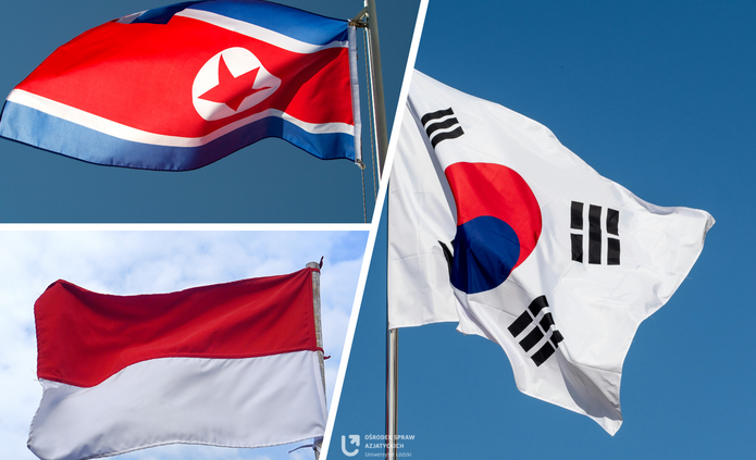 W lewym górnym rogu flaga Korei Północej w lewym dolnym rogu flaga Indonezji oraz po prawej stronie flaga Korei Południowej