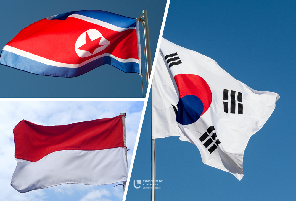 W lewym górnym rogu flaga Korei Północej w lewym dolnym rogu flaga Indonezji oraz po prawej stronie flaga Korei Południowej