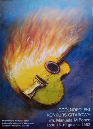 płonąca gitara na niebieskim tle