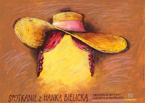 kombinacja sceny, kurtyny teatralnej oraz zarysu głowy w kapeluszu, ciepłe, słoneczne barwy